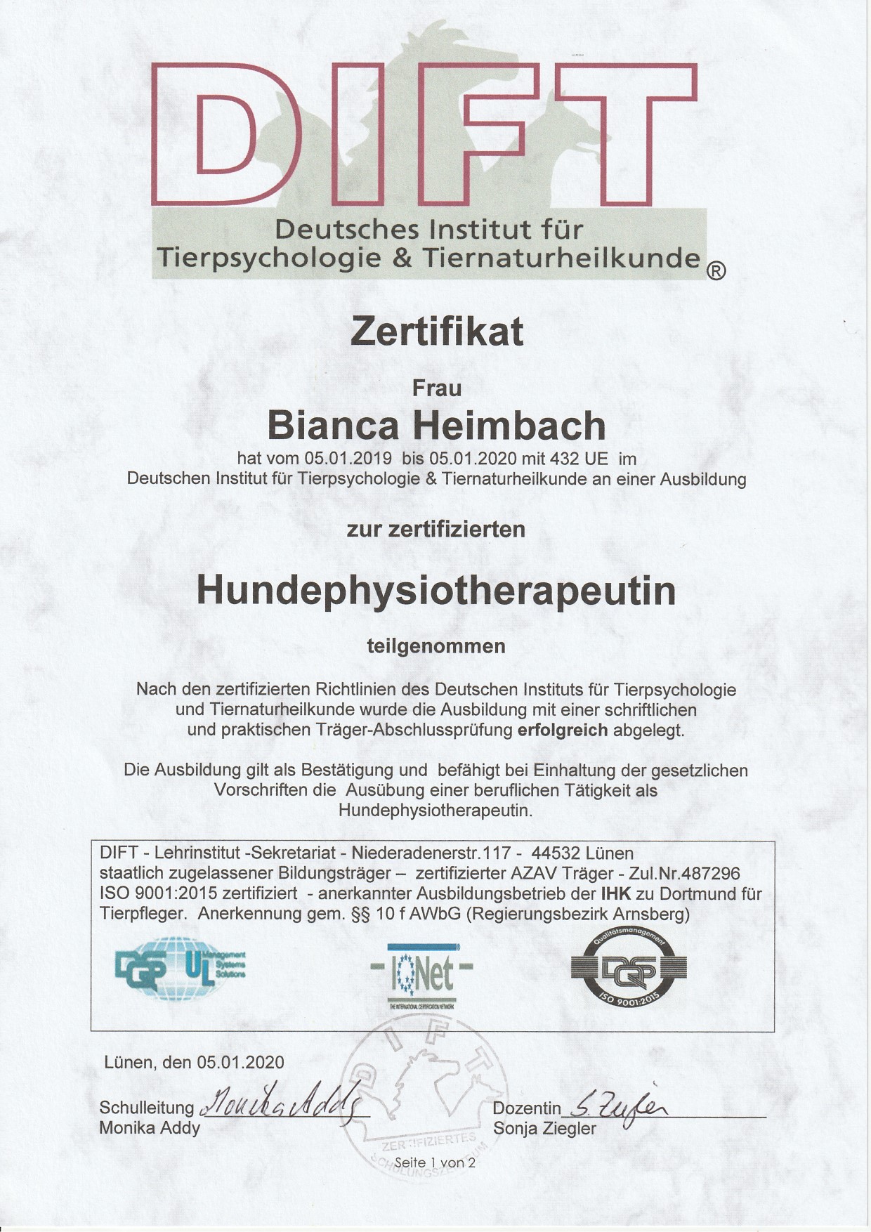 Hundephysiotherapeutin-Zertifikat